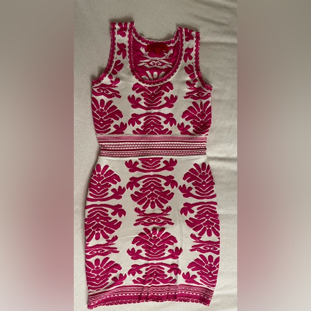WOW couture White and Hot Pink sleeveless bodycon knit Dress with damask design